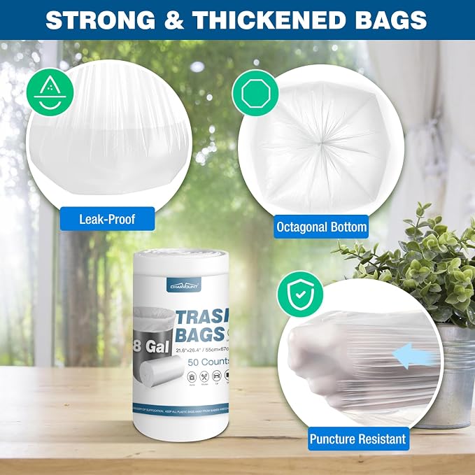 Charmount 8 Gallon Trash Bags, 50 Count Medium Garbage Bags | Trash Can Liners for Bathroom Kitchen Office, Clear, Unscented