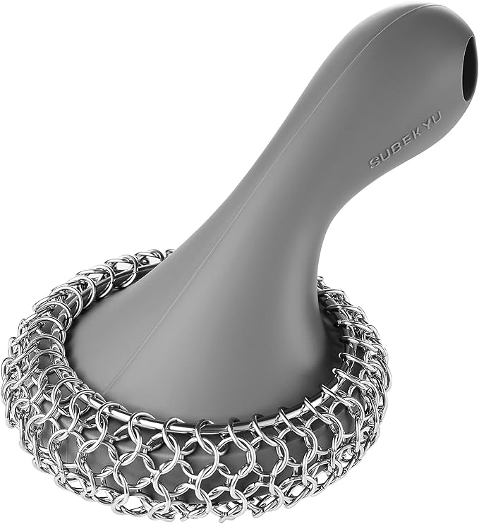 SUBEKYU Cast Iron Scrubber with Silicone Handle, Stainless Steel Cast Iron Skillet Cleaner Chainmail Scrubber for Pans, Grey