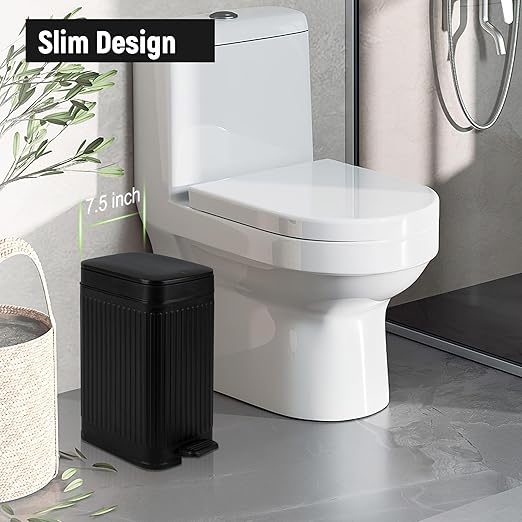 Small Bathroom Trash Can with Lid, 1.9 Gallon Slim Soft Close Step, Black | Garbage Can with Pedal for Office, Bedroom, Kitchen & Living Room, Narrow Plastic Wastebasket Container for Small Spaces