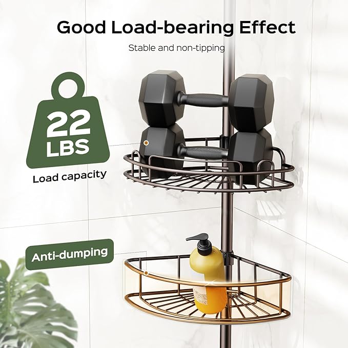HAMITOR Corner Bathroom Organizer, 4-Tier Tension Pole Shower Caddy, Bronze | Rust-Resistant Adjustable Shelves, No-Drill Quick Install, Space-Saving Bathtub Storage For Renters, Families 47.7-123.7In