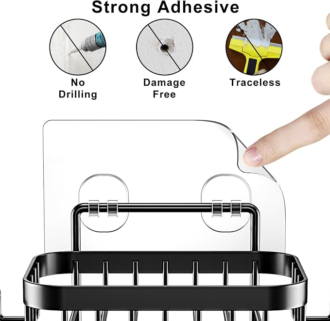 ODesign Bar Ssoap Holder for Shower Stainless Steel with 6 Hooks-Black | Loofah, sponge, and razor holder, adhesive wall-mounted, no drilling, removable for cleaning, for kitchens and bathrooms