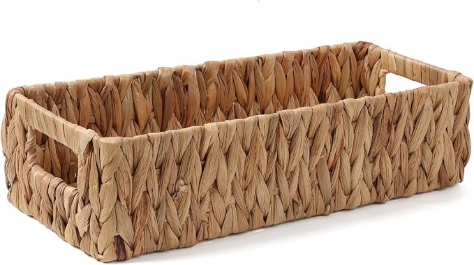 Moosky Wicker Storage Baskets with Handle Water Hyacinth Basket for Organizing Decorative Storage Bins for Countertop Toilet Tank Boho Rectangular Home Organizer (Natural, 15.9" x 6.8" x 4.1")