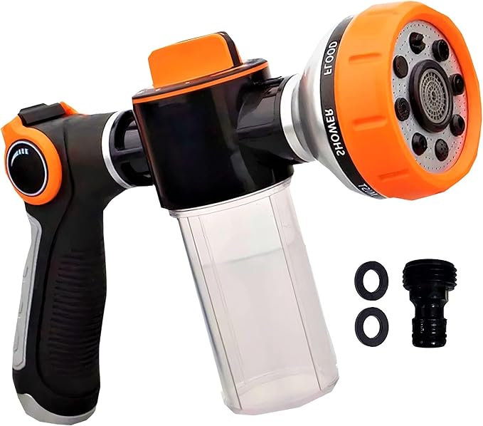 Car Wash Sprayer and Nozzle with Soap Dispenser, 3.5 oz Foam Tank (Orange) | Hose Attachment for Car, Truck, and Dog Washing, Foam Control Dial, 8 Spray Patterns, Fits 3/4 In Hose, ABS Body, 2 O-Rings
