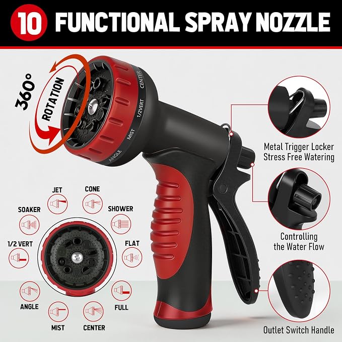 Garden Hose 100ft x 5/8", NON-EXPANDABLE Heavy Duty Hose with Nozzle | 10 Function Spray Nozzle, No Kink, Leakproof, Lightweight Hybrid Hose with Swivel Handle, Male to Female Fittings