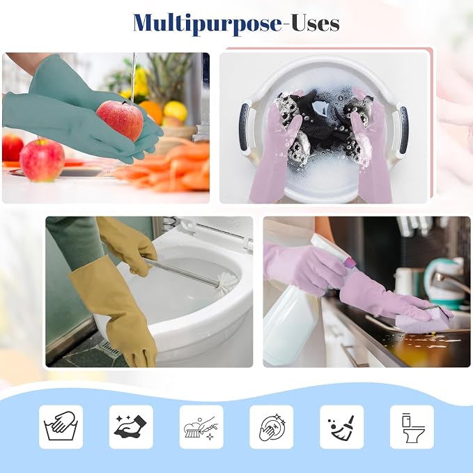 Reusable Kitchen Dishwashing Gloves - 3 Pairs Rubber Household Cleaning Gloves, Flexible and Durable & Non-slip Cleaning Gloves, Great for Kitchen, Laundry, Bathroom (S, Purple+Brown+Blackish Green)