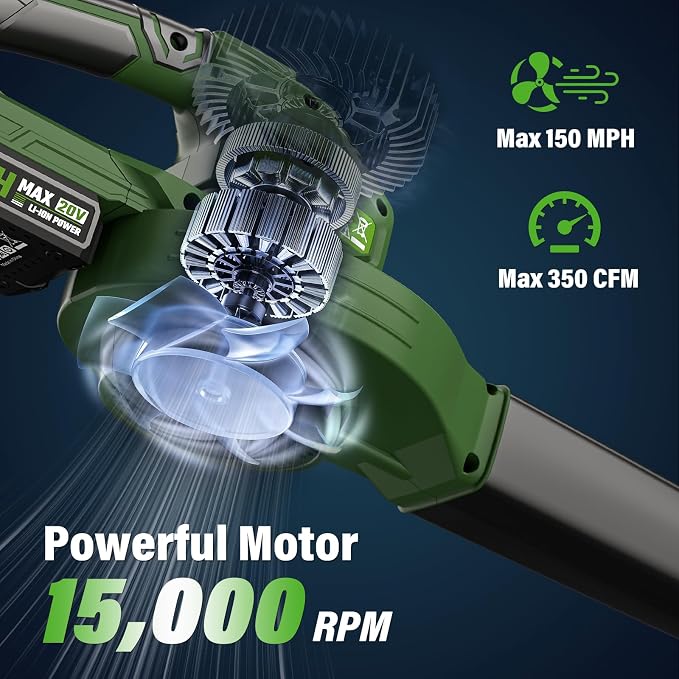 SEYVUM Leaf Blower 20V Cordless, with 2 x 2.0Ah Battery, 350 CFM 150 MPH | 15000 RPM, for Patio Cleaning, Fast Charger Included, Dark Green