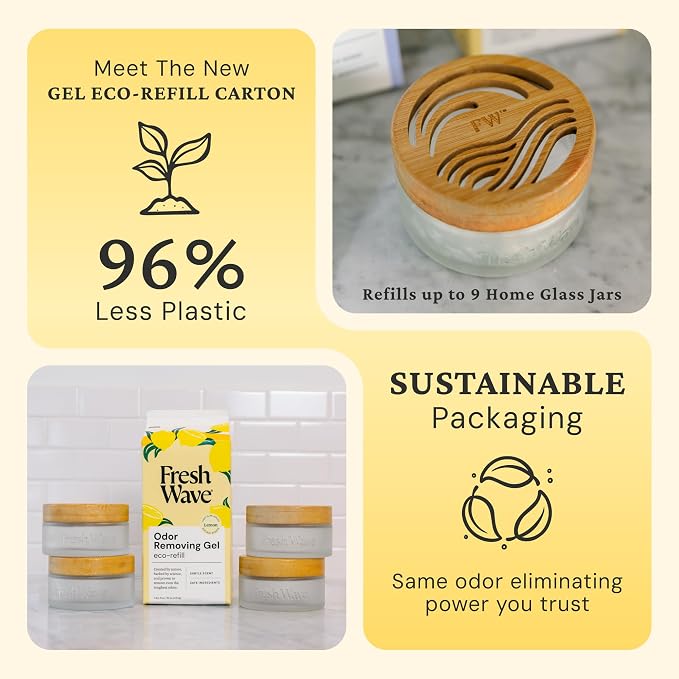 Fresh Wave Odor Removing Gel 4-Pack Glass Jar & 63oz Refill, Lemon | Refills 7oz gel up to 9 times or 15oz up to 4 times. Gel odor eliminator for bathroom, closet, or garage. No plug-in.
