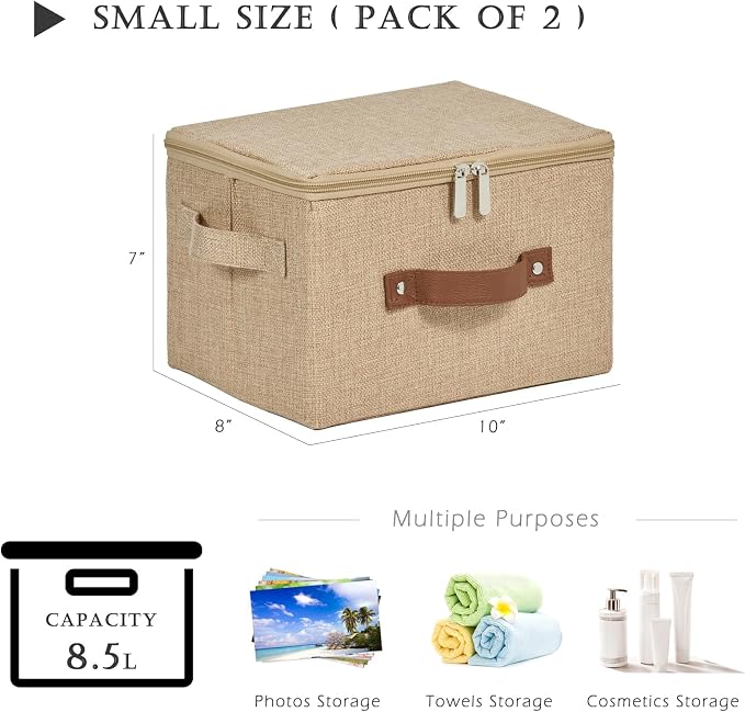 2PCS Storage Bins with Zipper Lids Decorative Lidded Basket Box | Clothes Container, Closet Shelf Organizer, Foldable Washable, Cotton Linen Fabric, w/ PU Leather Handles, Linen Color, Small