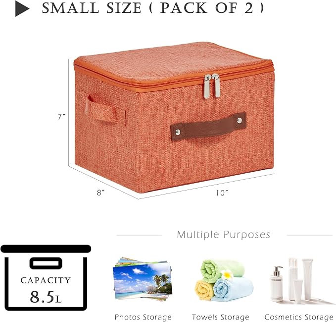 2PCS Storage Bins with Zipper Lids Decorative Lidded Basket Box | Clothes Container, Closet Shelf Organizer, Foldable Washable, Cotton Linen Fabric, w/ PU Leather Handles, Orange, Small