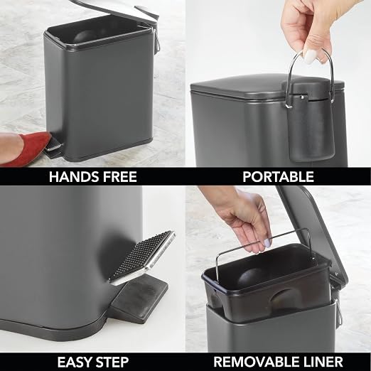 mDesign Rectangular Pedal Bin – 5 L Metal Waste Bin with Pedal, Lid and Plastic Bucket Insert – Household Rubbish Bin for Bathroom, Kitchen and Office – Dark Grey