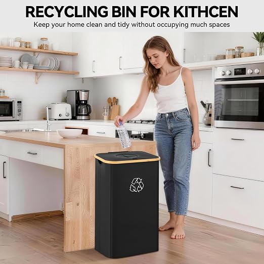 Recycling Bin for Kitchen, 26 Gallon 100L Indoor Home Recycle Bin with Lid and 2 Removeable Reusable Inner Bags, for Bottles, Cans, Glass, Plastic & Stickers, Black