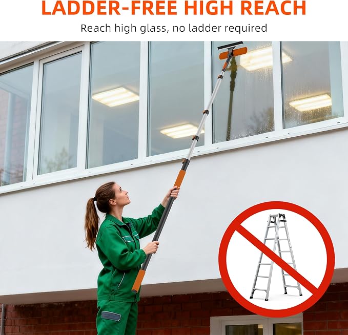 30FT Reach Window Washing Kit, Squeegee with Extension Pole | 5-24FT Telescoping Pole with Flip-Lock And Rotatable 2-in-1 Squeegee Head for High-Window Cleaning