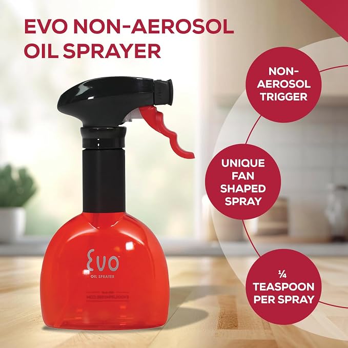 Evo Oil Sprayer Minis, Non-Aerosol for Olive, Cooking Oils, and Vinegars, Red, 8-Ounce Capacity, Set of 2 | 1.35ml per pull, scalloped grip, BPA- and latex-free construction