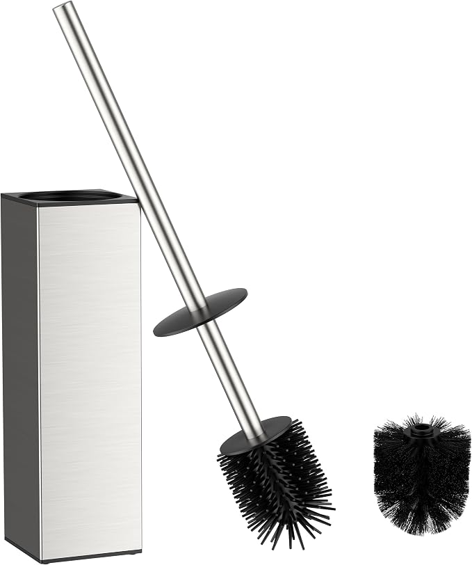 FORIOUS Stainless Steel Toilet Bowl Brush Scrubber and Holder Set Tall | Brushed Nickel, Extended Handle, Removable Inner Bowl, Fixed Splash Guard, Steel Joint, Anti-Scratch Bristle, for Bathroom RV