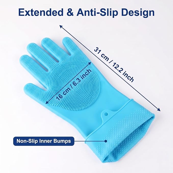 Silicone Dish Washing Gloves with Scrubber, High-Density Teeth For Scrub | Dog & Cat Grooming Mitts, Non-Slip, Safe For Dishes & Pets, Food-Grade, Easy Rinse & Hang, 12.2" × 6.3 - Blue