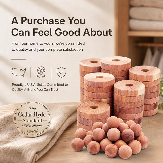 Cedar Blocks for Clothes Storage | Cedar Balls & Rings | Dresser Drawer Freshener Odor Eliminator | 40 Pieces, 30 Rings & Bonus 10 Balls, U.S.A Seller