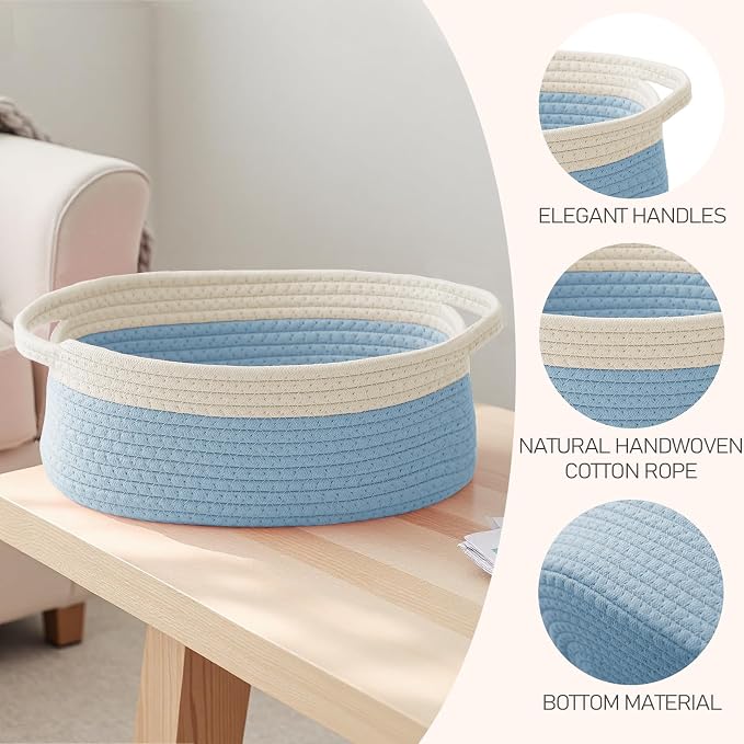 JMvicyroam Small Woven Basket, Empty Gift Basket, White&Blue/1 Pack | Small Gift Basket, Cotton Rope, 12 x 8 x 63 in, Handles, Includes Ribbon and Bag, Birthday Gift Basket