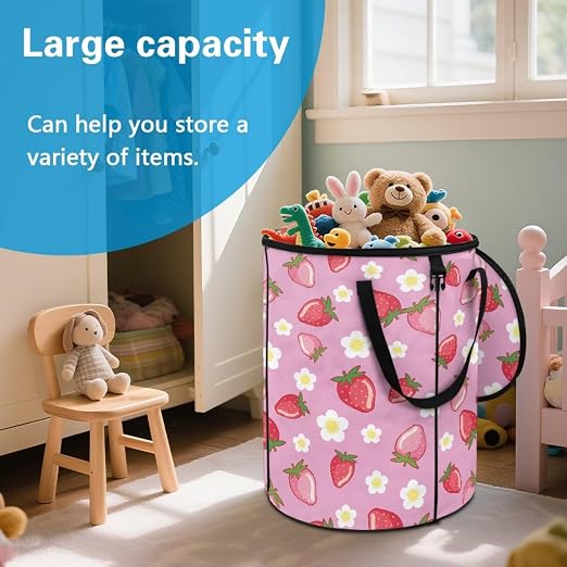 BIGCARJOB Strawberry Daisy Foldable Trash Can Outside Waste Basket Bin Water Resistant Garbage Bag 22.83x17.71 Recycling Bin Trash Can Bag with Zipperd Lid and Clip