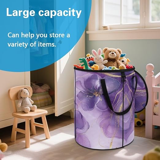 doginthehole Purple Flowers Collapsible Trash Can with Lid Aesthetic Marble Texture Trash Can Waterproof Portable 23 Gallon Waste Bin for Camping, Beach, Picnic, Patio Home Outdoor Decor