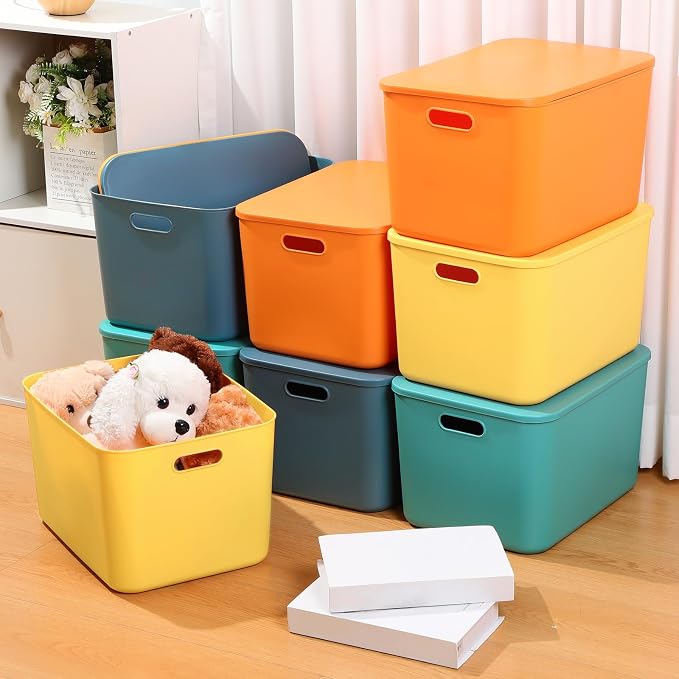 Hoolerry 8 Pack Storage Bins, 16.1 X 12.0 X 9.7 Inch Multi-colored | Plastic Stackable Containers with Lid Handle, For Shelves Desktop Playroom Office, Organizing Toys Books Supplies Storage