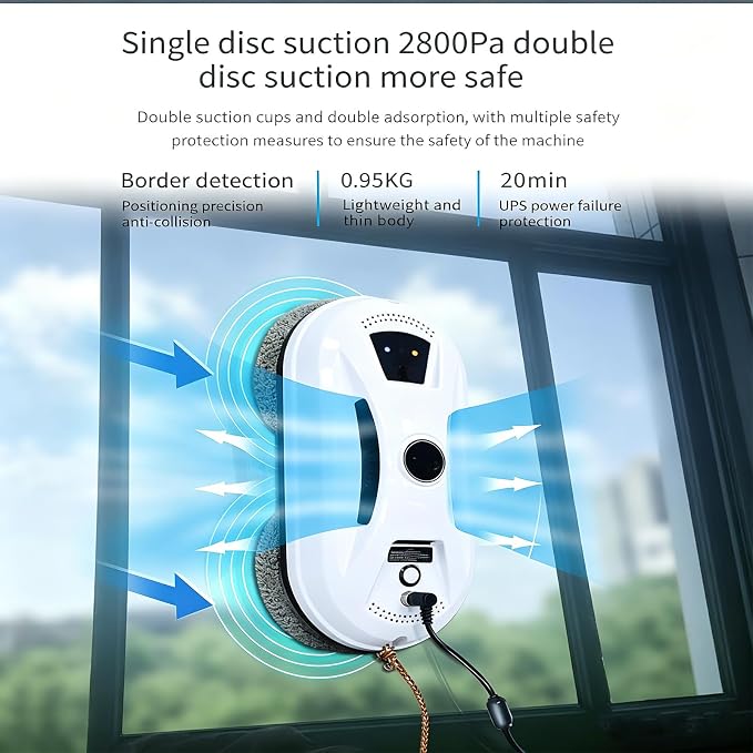 Automatic Window Cleaning Robot, 2800Pa Dual Suction & Anti-Fall | 3 Cleaning Modes for High-Rise Windows & Glass Surfaces - Smart Path Planning, Wet/Dry Cleaning, One-Button Start