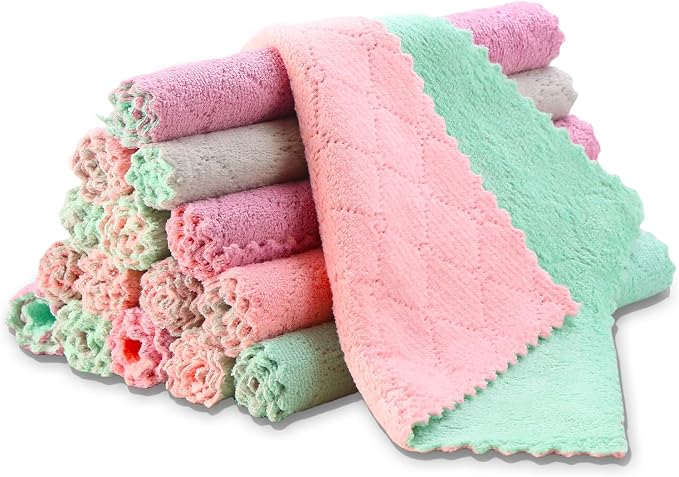 Kitchen Dish Cloths, Microfiber Cleaning Cloth, 12 Pack,10"x10" | Super Soft Absorbent Coral Velvet Dish Towels, Non-Oil No Lint Fast Drying Microfiber Cloths for Dishes & Countertops