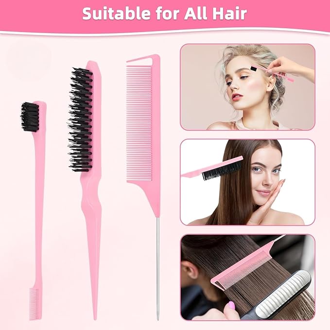 Hair Brush Set with Continuous Spray Bottle，Slick Back Hair Brush Back Brushing, Combing, Slicking Hair (PINK)