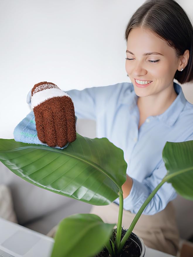 Patelai 3 Pairs Microfiber Dusting Gloves for Plants Leaf, Large | Gray, Orange, Brown,Plant Cleaning Gloves, Reusable Washable Gloves,House Furniture Blinds Dusting
