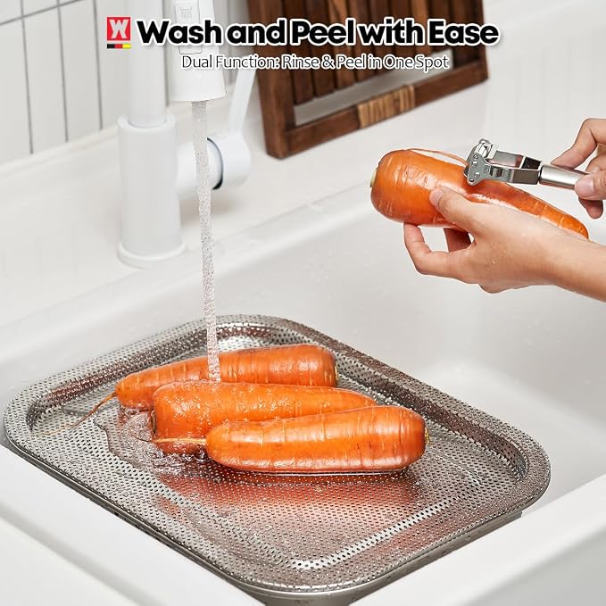 WAGENSTEIGER Stainless Steel Colander Tray for Washing-Up Bowl, Multipurpose Rinse Strainer & Dish Drying Rack, Perforated Sink Lid for Vegetables & Fruits (Colander Lid)
