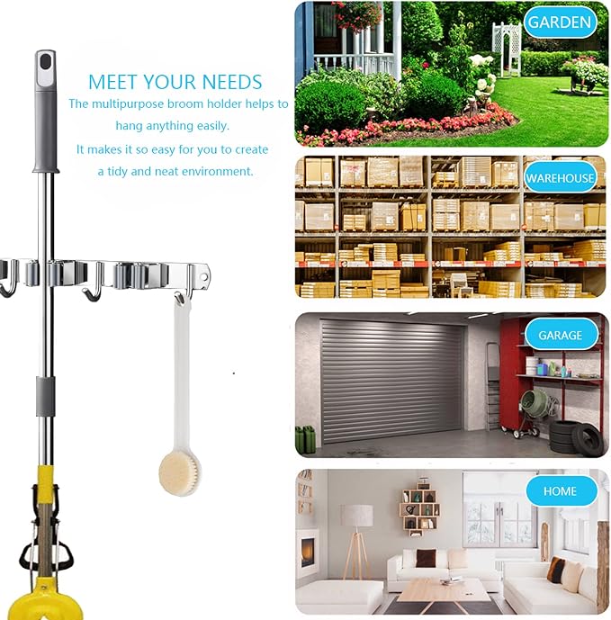 Broom and Mop Holder Wall Mounted, Broom Hanger Storage Rack, Stainless Steel Mop Hanger, Dustpan Holders with 2 Racks and 3 Hooks, Heavy Duty utility hooks for hanging brooms and mops