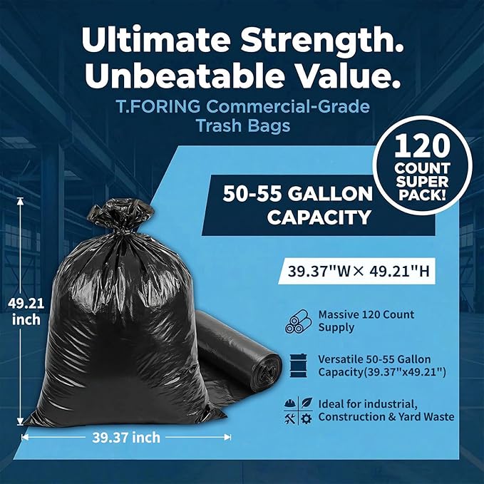 50-55 Gallon Trash Bags Unscented, 40'' x 50'', Black, 120 Count | Large 50+ Gal Garbage Liners,Fit 187 - 206 Liter Bins,Multipurpose for Construction Industrial Yard Outdoor Commercial Bulk