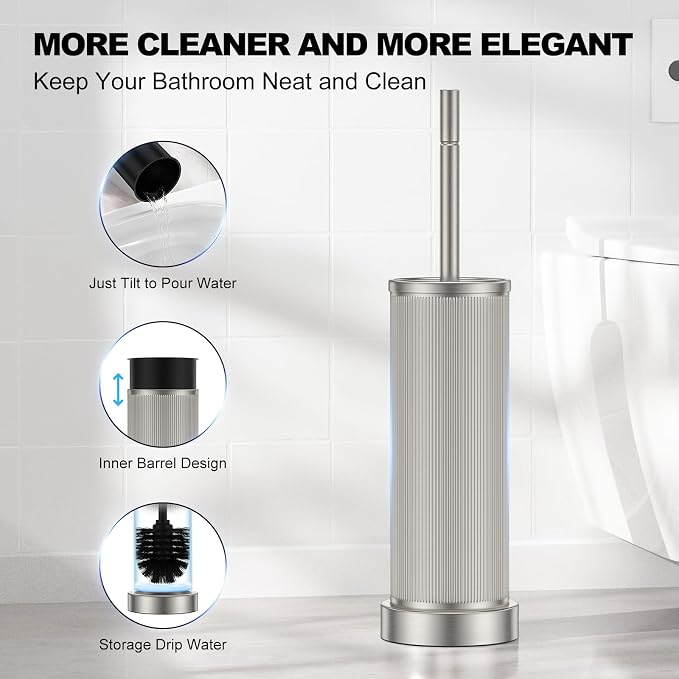 Metal Vertical Grain Toilet Bowl Brush and Holder Set Scrubber Nickel | Extra Long Handle with Splash Guard Cover, Bathroom Space-Saving, Heavy Durable Deep Cleaning, Cleaner Sets for Apartments