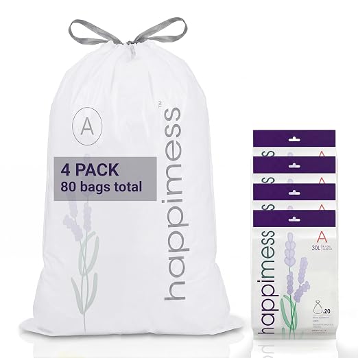 happimess 20-Count Lavender 8 Gal Drawstring Trash Bags, White, Pack of 4 | 30 Liters, Heavy Duty MDPE Plastic, Tear And Puncture Resistant, Tailored Custom Fit, Recyclable, Odor Control