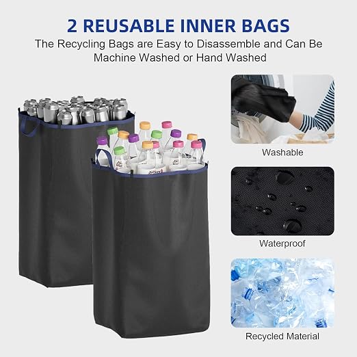26-Gallon Kitchen Recycling Bin with Lid, Locking Wheels, Dark Blue | 100L capacity, two reusable inner bags, sorting stickers for bottles, cans, glass and plastic