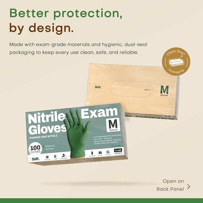 SUP Powder-Free Nitrile Exam Gloves, 100 Count Food Safe Latex-Free Disposable Gloves for Medical Lab Cooking Cleaning, Green