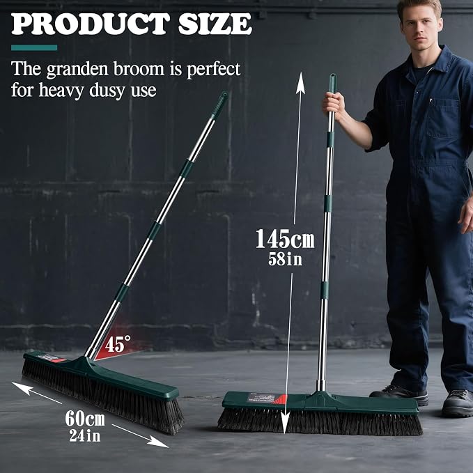 24" Push Broom Outdoor, Heavy Duty Garden Brush Broom with 58" Long Handle | Commercial Outdoor Broom for Deck Driveway Garage Yard Patio Warehouse Concrete Floor Cleaning