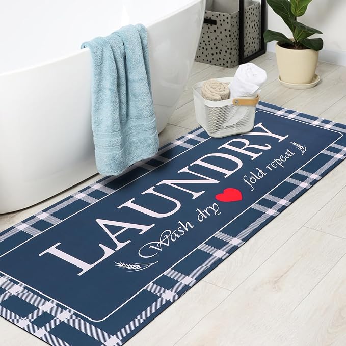 XLHOMO Laundry Room Rugs and Mats, 17"x47" Buffalo Plaid Navy Blue Laundry Room Rug Washable Non Slip, Farmhouse Laundry Mats for Floor, Mudroom, Kitchen, Washroom, Bathroom, Entryway Carpet Decor