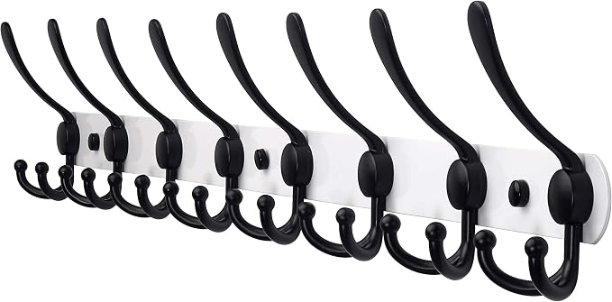 Dseap Coat Rack Wall Mount - 29.5” Long 8-Tri-Hooks Heavy Duty Coat Hanger Rail Wall Hooks for Hanging Coats Hats Clothing Clothes Purse Mudroom Entryway, White & Black