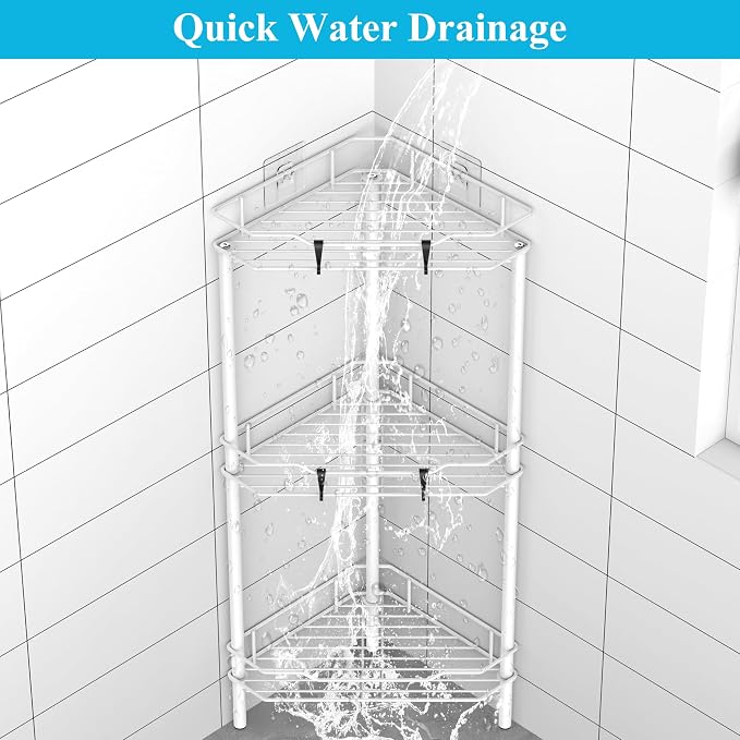 HuggieGems Metal Floor Standing Corner Shower Caddy, White, 3 Tier | Adhesive Bathroom Organizer Shelves, Free Standing Shower Rack with Hooks, Hold Large Shampoo Bottles