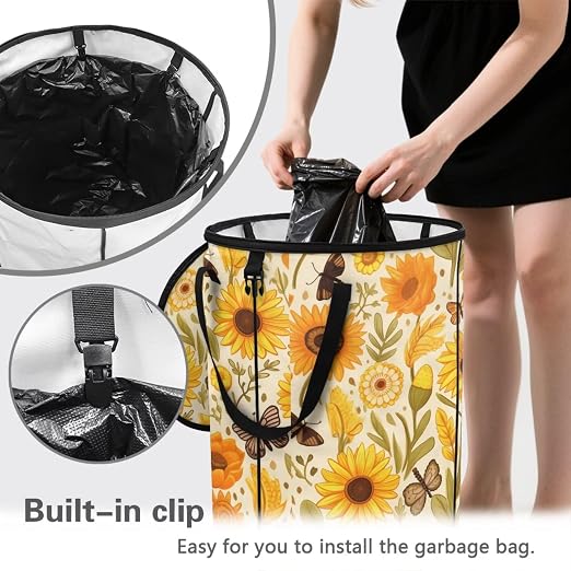 Sunflower Collapsible Trash Can 24 Gallon Pop-Up Outdoor Garbage Can with Handles Waterproof Lightweight Storage Bag with Lids for Camping, Backyard, Hiking