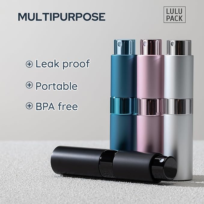 Lulupack Travel Perfume Bottle Refillable - Cologne Spray Atomizer Mini - Small Travel Size Sprayer Empty for Refill Sample Container - Portable Fragrance Decant Dispenser Men Women 8ml 4PCS Silver