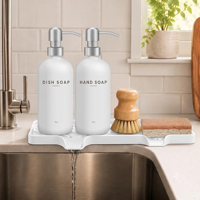 Kitchen Soap Dispenser Set with Self Draining Silicone Tray, Silver | Kitchen Sink Organizer for Sink, 2 x 17oz Glass Soap Dispensers with Stainless Steel Pumps, Bamboo Brush & Sisal Sponge