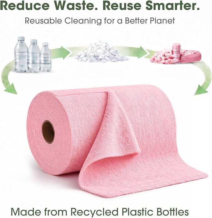 Reusable Microfiber Cloth Roll - 100 Pack, 12"x12" Washable Tear-Away Towels. Fits Paper Towel Holders. Lint-Free & Streak-Free Rags for Kitchen, Glass, Cars, Electronics (Pink)