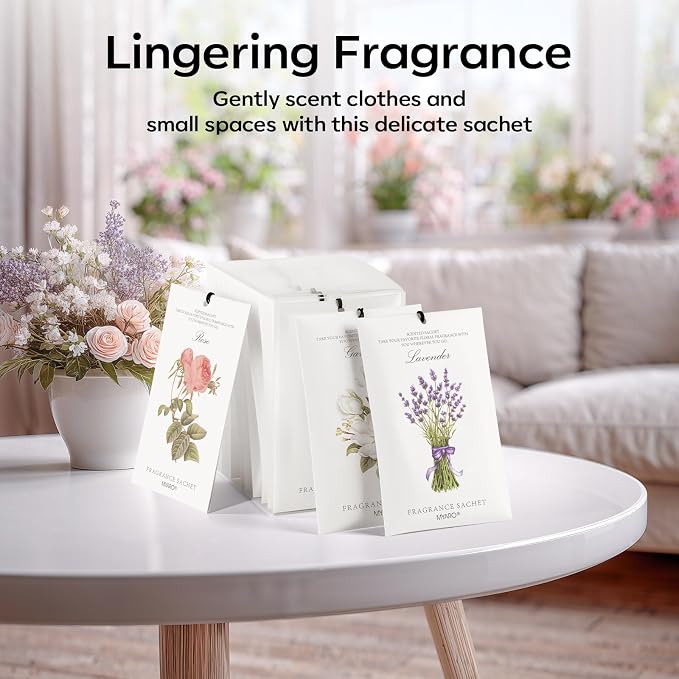 MYARO 12 Pack Assorted Floral Scented Sachets, Closet Deodorizer Freshener | Multi-Scent Lavender, Rose, Jasmine, Ocean, Gardenia & Lily, Odor Eliminator for Closet, Drawer, Car, Home Fragrance Gift Set