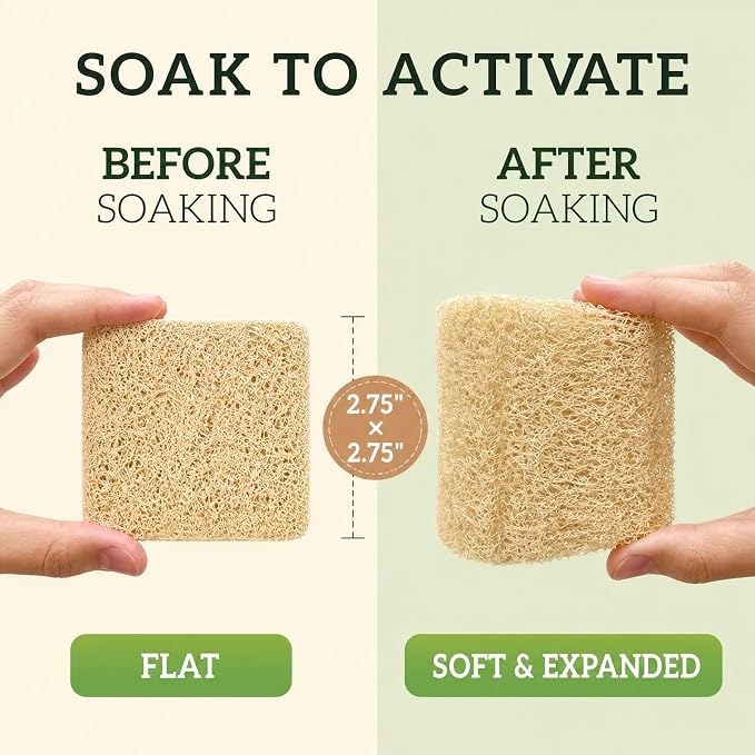 Natural Loofah Dish Sponge, 100 Count Plant-Based Kitchen Cleaning Pads, Biodegradable Compostable Scouring Pads for Dishes, Pots, Pans and Sink, 2.75 x 2.75 Inch