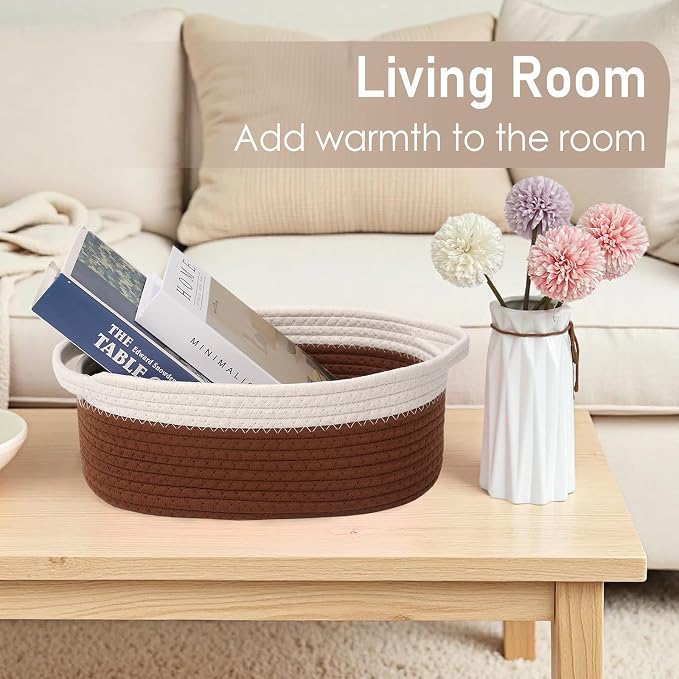 JMvicyroam Small Woven Basket, Empty Gift Basket, White&Brown/2 Pack | Small Gift Basket, Cotton Rope, 12 x 8 x 58 in, Handles, Includes Ribbon and Bag, Birthday Gift Basket