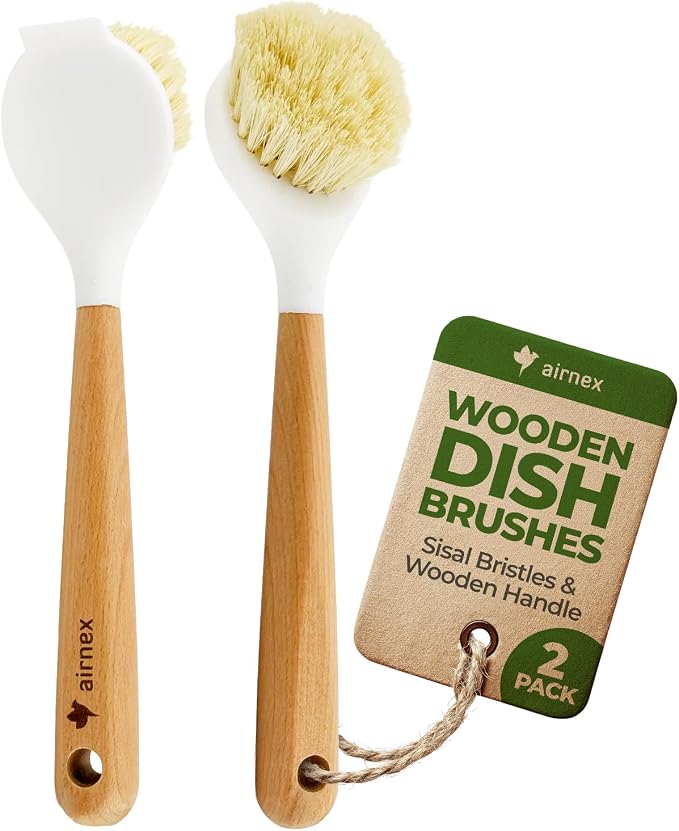 Wooden Dish Brush Set of 2 - Dish Brush with Handle Made of Wood & Sisal Bristles, Non Scratch Kitchen Scrub Brush for Dishes, Pots & Pans, Dish Scrubber with Plastic Free Bristles