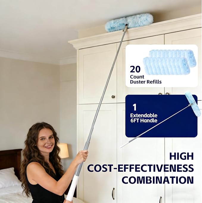 Duster Extended Handle with 20 Pcs Duster Refill for Swiffer | Duster with Extension Pole, Heavy Duty Duster Refills Kit for Ceiling Fan Blades, Cleaning, Dusting, Furniture, Blind