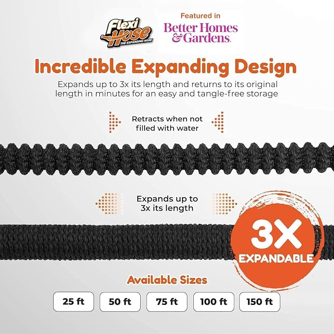 Flexi Hose with 8 Function Nozzle, 25FT - Lightweight Expandable Garden Hose, No-Kink Flexibility, 3/4 Inch Solid Brass Fittings and Double Latex Core