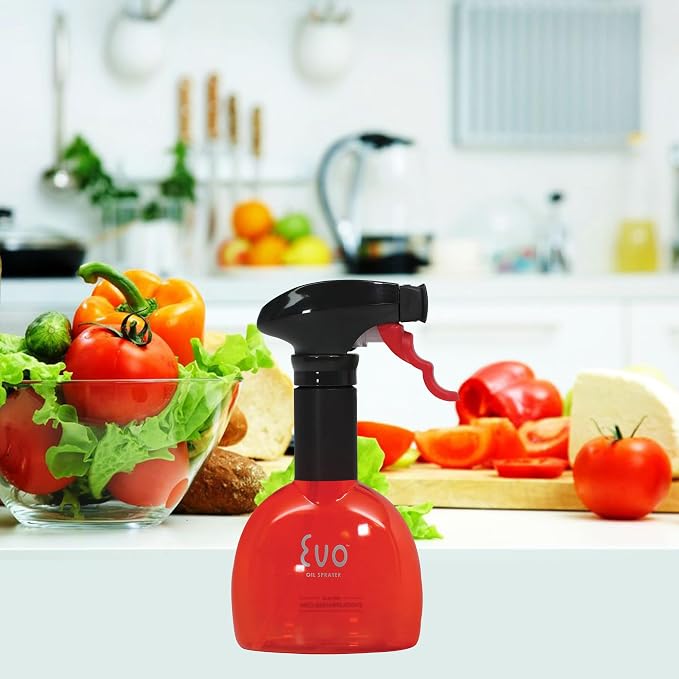 Evo Oil Sprayer Minis, Non-Aerosol for Olive, Cooking Oils, and Vinegars, Red, 8-Ounce Capacity, Set of 2 | 1.35ml per pull, scalloped grip, BPA- and latex-free construction